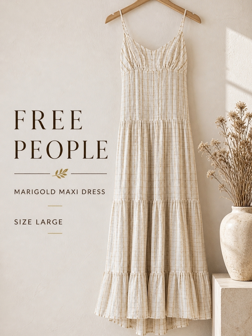 Free People Marigold Maxi Dress L Cream Gold Gauze Tiered Boho Cottagecore